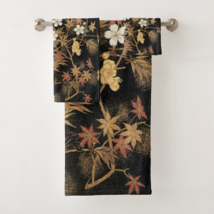 Antieke Japanse Zwarte Gouden Herfst Bloem Kunst Bad Handdoek