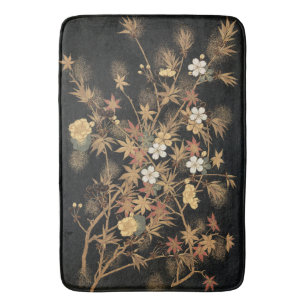 Antieke Japanse Zwarte Gouden Herfst Bloem Kunst Badmat