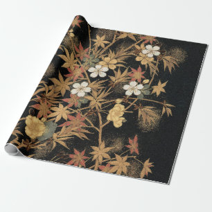 Antieke Japanse Zwarte Gouden Herfst Bloem Kunst Cadeaupapier