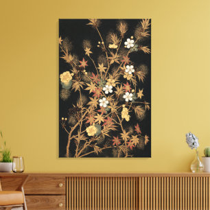 Antieke Japanse Zwarte Gouden Herfst Bloem Kunst Canvas Afdruk