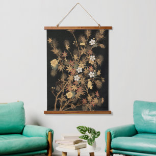 Antieke Japanse Zwarte Gouden Herfst Bloem Kunst Hangend Wandkleed