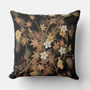 Antieke Japanse Zwarte Gouden Herfst Bloem Kunst Kussen