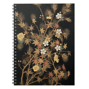 Antieke Japanse Zwarte Gouden Herfst Bloem Kunst Notitieboek