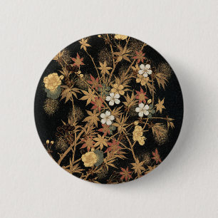 Antieke Japanse Zwarte Gouden Herfst Bloem Kunst Ronde Button 5,7 Cm