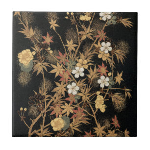 Antieke Japanse Zwarte Gouden Herfst Bloem Kunst Tegeltje