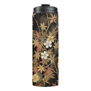 Antieke Japanse Zwarte Gouden Herfst Bloem Kunst Thermosbeker