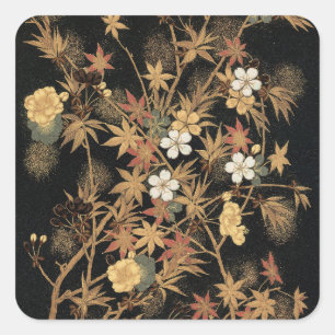Antieke Japanse Zwarte Gouden Herfst Bloem Kunst Vierkante Sticker