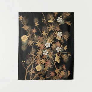 Antieke Japanse Zwarte Gouden Herfst Bloem Kunst Wandkleed