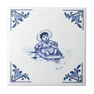 Antieke Jongen in Roeiboot Delft Blauw & Wit Tegeltje