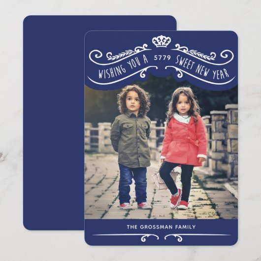 Antieke Joodse Zoete Nieuwjaarsfotokaart – Blauw Feestdagenkaart (Voorkant / Achterkant)