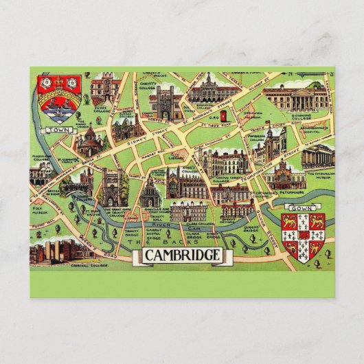 Antieke kaart van Cambridge-ansichtkaart (Voorkant)