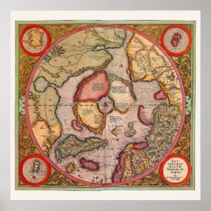 Antieke kaart van de Noordpoolkaart van Mercator Poster