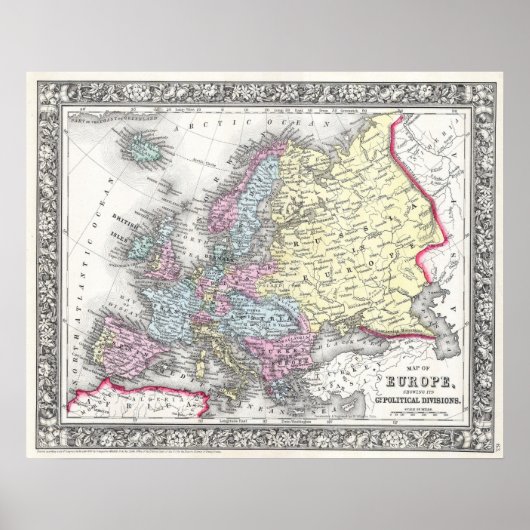 Antieke kaart van Europa, 1860 Poster (Voorkant)