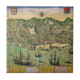 Antieke kaart van Lissabon, Portugal door Braun/Ho Tegeltje
