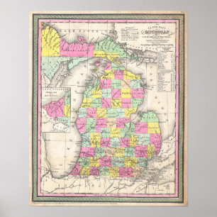 Antieke kaart van Michigan, 1853 Poster
