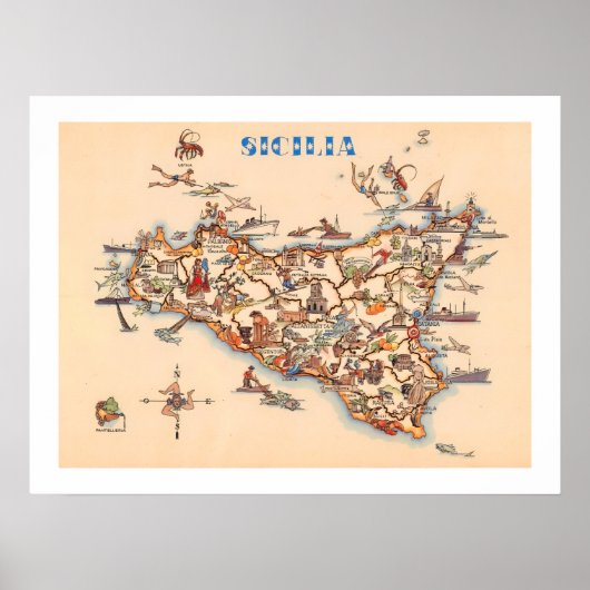Antieke kaart van Sicilië print (Voorkant)