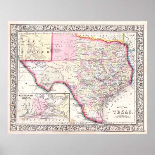 Antieke kaart van Texas, 1864 Poster (Voorkant)