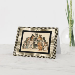 Antieke kaart zingende hond & kat koor beste wense