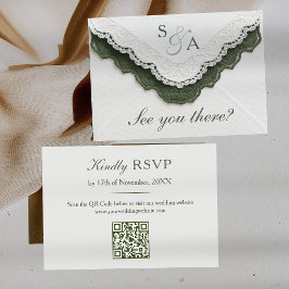 Antieke Kant Olijfgroene QR Code Unieke Bruiloft RSVP Kaartje