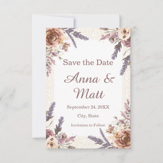 Antieke Kanten en Geperste Botanische Save the Dat Date (Voorkant)