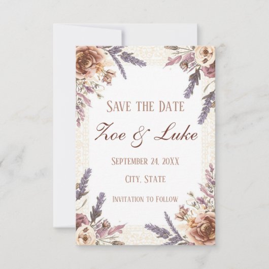 Antieke Kanten en Geperste Botanische Save the Dat Date (Voorkant)