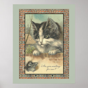 Antieke kat en muis "wachtend op mij?" poster
