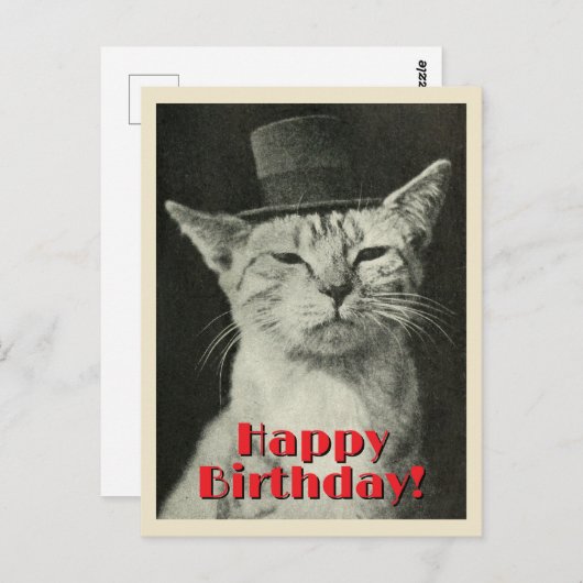 Antieke kat in hoge hoed Gefeliciteerd met je verj Briefkaart (Voorkant / Achterkant)