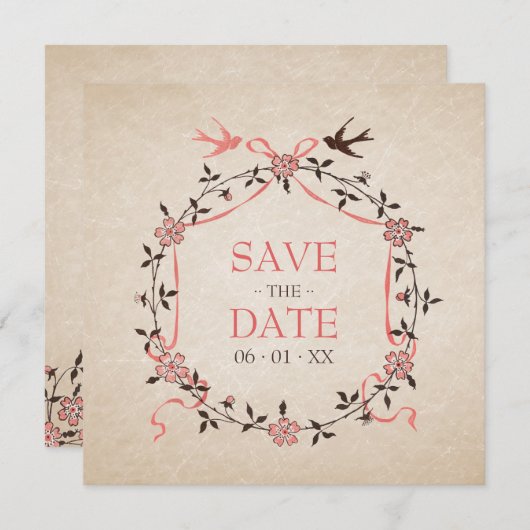 Antieke Kersenbloesem Zwaluwen Save the Date kaart (Voorkant / Achterkant)