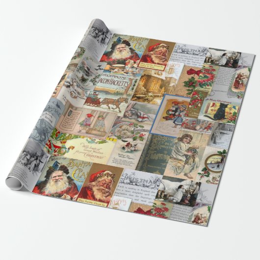Antieke Kerst Ephemera Collage Decoupage Cadeaupapier (Uitgerold)