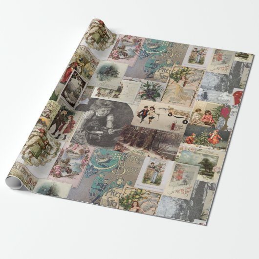 Antieke Kerst Ephemera Collage Decoupage Cadeaupapier (Uitgerold)