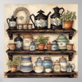 Antieke keukenplank potten planten borden bus poster