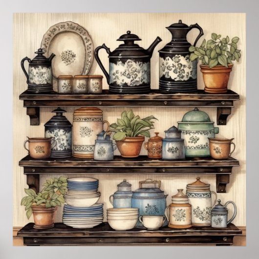 Antieke keukenplank potten planten borden bus poster (Voorkant)