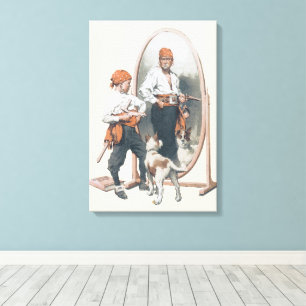 Antieke kind, jongen piraat, hond, spiegel, boekan canvas afdruk
