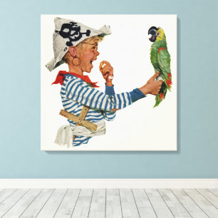 Antieke kind, jongen speelt piraten papegaai vogel canvas afdruk