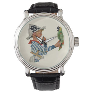 Antieke kind, piraat spelende jongen papegaai voge horloge