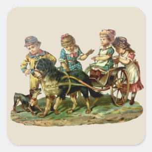 Antieke Kinderen en Hond Karretje Vierkante Sticker