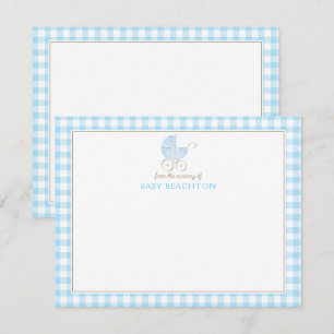 Antieke kinderwagen blauwe geruite baby jongen not kaart