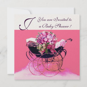ANTIEKE KINDERWAGEN MET BLOEMEN BABYSHOWER MONOGRA KAART