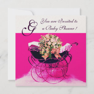 ANTIEKE KINDERWAGEN MET BLOEMEN BABYSHOWER MONOGRA KAART