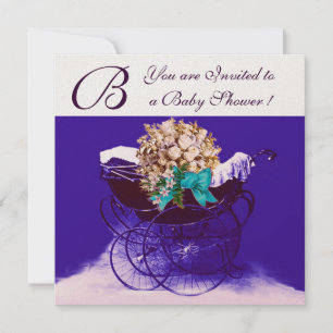 ANTIEKE KINDERWAGEN MET BLOEMEN BABYSHOWER MONOGRA KAART