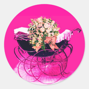 ANTIEKE KINDERWAGEN MET BLOEMEN BABYSHOWER RONDE STICKER
