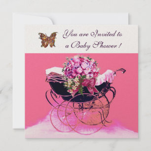 ANTIEKE KINDERWAGEN MET BLOEMEN, VLINDERS BABYSHOW KAART