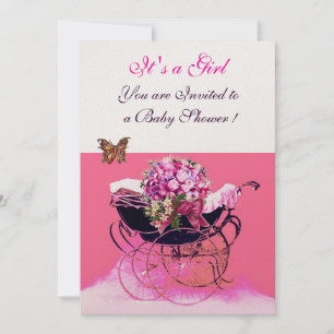 ANTIEKE KINDERWAGEN MET BLOEMEN, VLINDERS BABYSHOW KAART