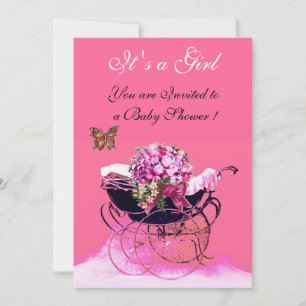 ANTIEKE KINDERWAGEN MET BLOEMEN, VLINDERS BABYSHOW KAART