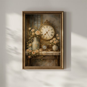 Antieke klok en rozen poster