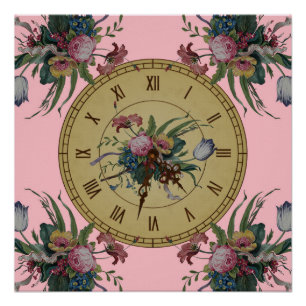 Antieke klok met bloemen poster