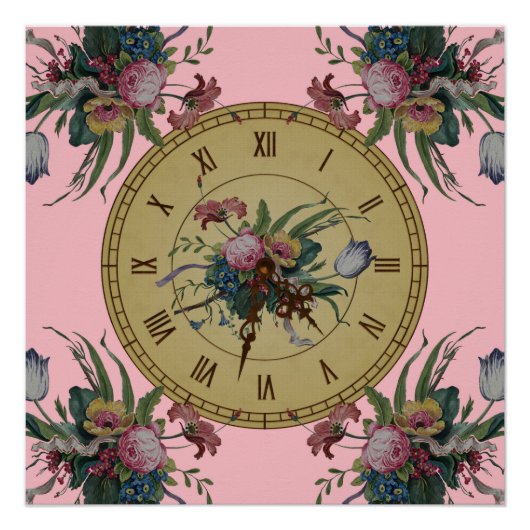 Antieke klok met bloemen poster (Voorkant)