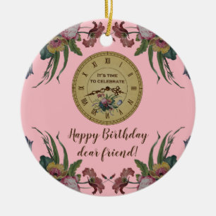 Antieke klok met bloemen verjaardagsfeestje keramisch ornament
