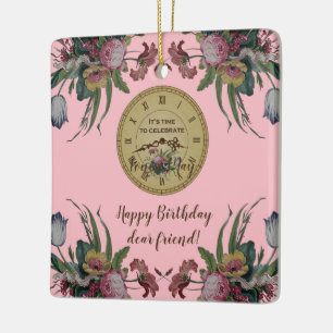 Antieke klok met bloemen verjaardagsfeestje keramisch ornament