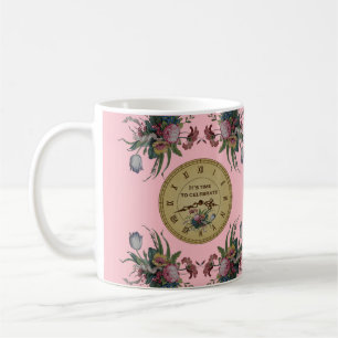 Antieke klok met bloemen verjaardagsfeestje koffiemok